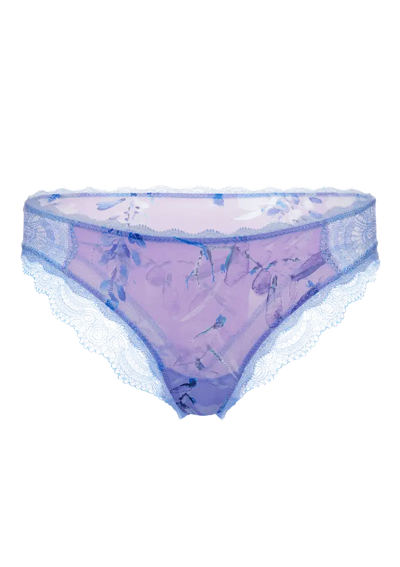 Purple and blue lace and mesh women's brief, ghost mannequin front view showing sheer mesh with a purple floral wisteria print, pale blue lace trims and scalloped lace panels at the back