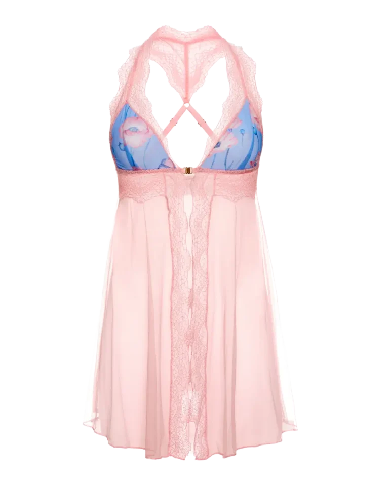 Pink and blue mesh babydoll, ghost mannequin front view showing sheer mesh skirt with lace edging, halter neck design and floral blue and pink mesh cups