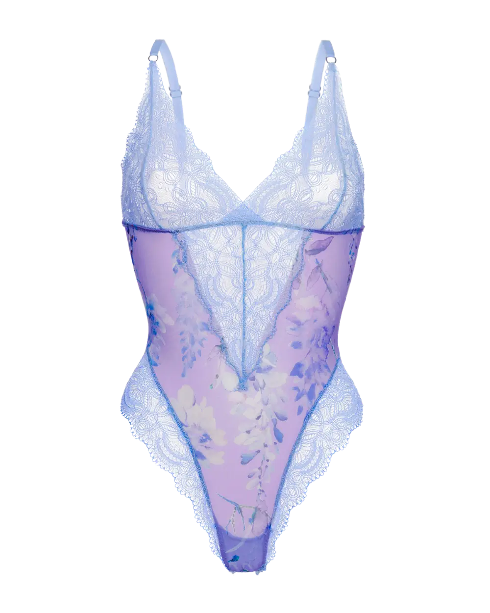 Purple and blue mesh lingerie bodysuit, ghost mannequin front view showing a floral mesh body with a wisteria print, pale blue lace cups and lace panels below the bust and along the high-cut leg line