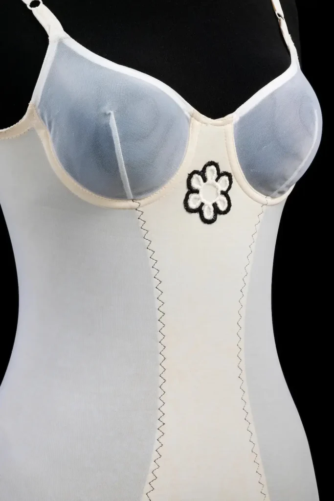 Late 1960s nylon body stocking by Mary Quant, illustrating early synthetic lingerie materials at the "Undressed" exhibition by the Victoria & Albert Museum.